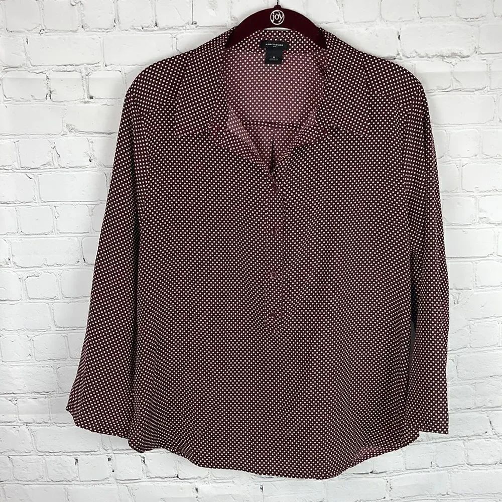 Ann Taylor Burgundy w/White Polka Dots Blouse Size medium